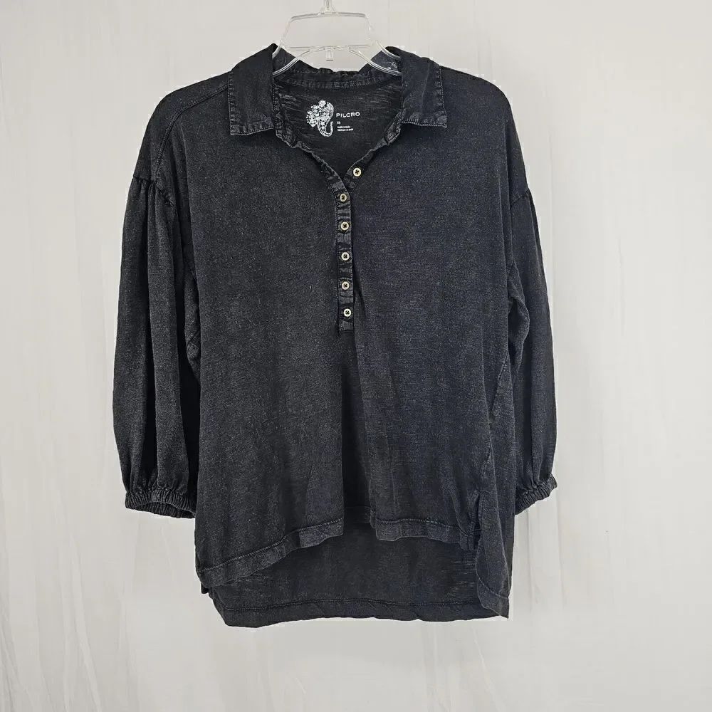 Anthropologie Pilcro Buttoned Balloon Sleeve Blouse Size XS Washed Black